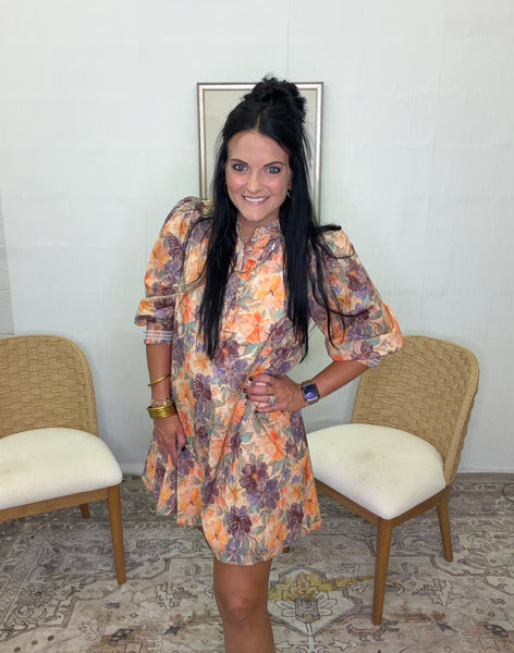 Hazel Midi Dress- Orange/Flowers