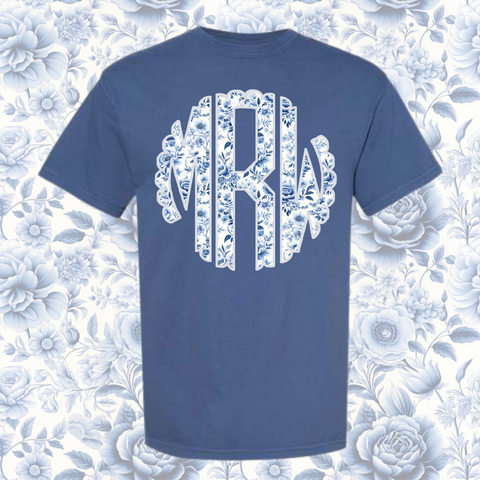 Chinoiserie Blue Floral Monogram Shirt