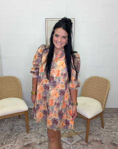Hazel Midi Dress- Orange/Flowers