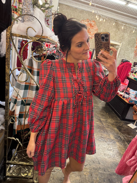 Plaid Holiday Tie Front Mini Dress