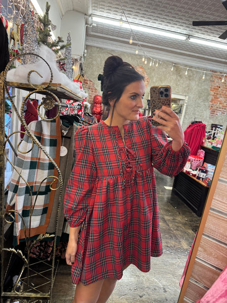 Plaid Holiday Tie Front Mini Dress