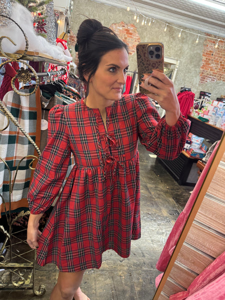 Plaid Holiday Tie Front Mini Dress