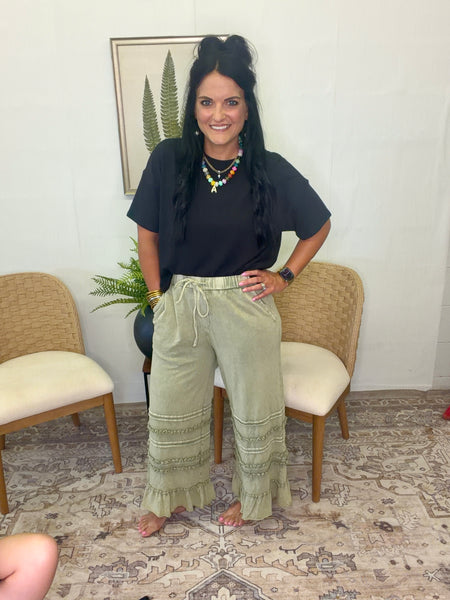 Ruffle Bottom Drawstring Pants- Olive