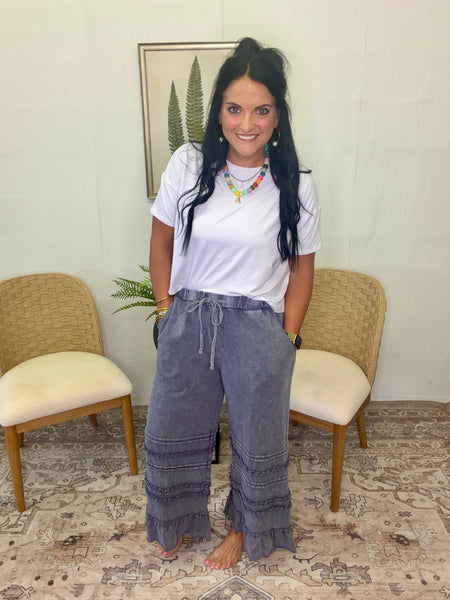 Ruffle Bottom Drawstring Pants- Smoke