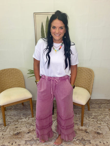 Ruffle Bottom Drawstring Pants- Plum