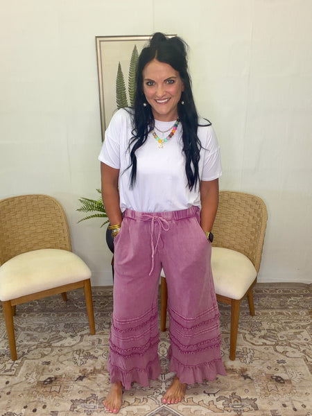 Ruffle Bottom Drawstring Pants- Plum