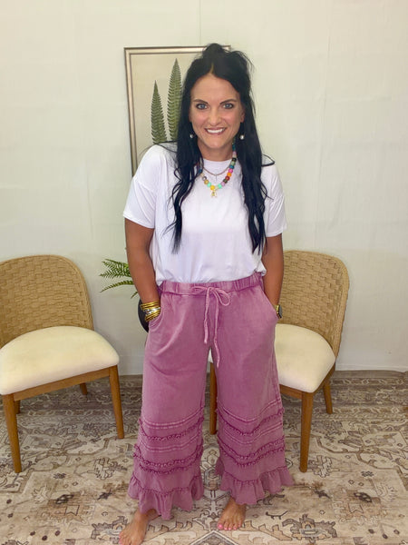 Ruffle Bottom Drawstring Pants- Plum