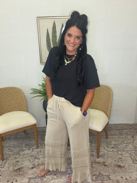 Ruffle Bottom Drawstring Pants- Natural
