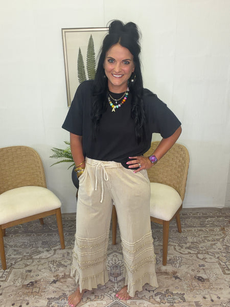 Ruffle Bottom Drawstring Pants- Natural